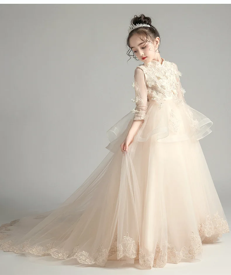 

2025 Children's Tail Evening Dress Flower Girl Fashion Show Little Girl Performance Dress Factory Supply