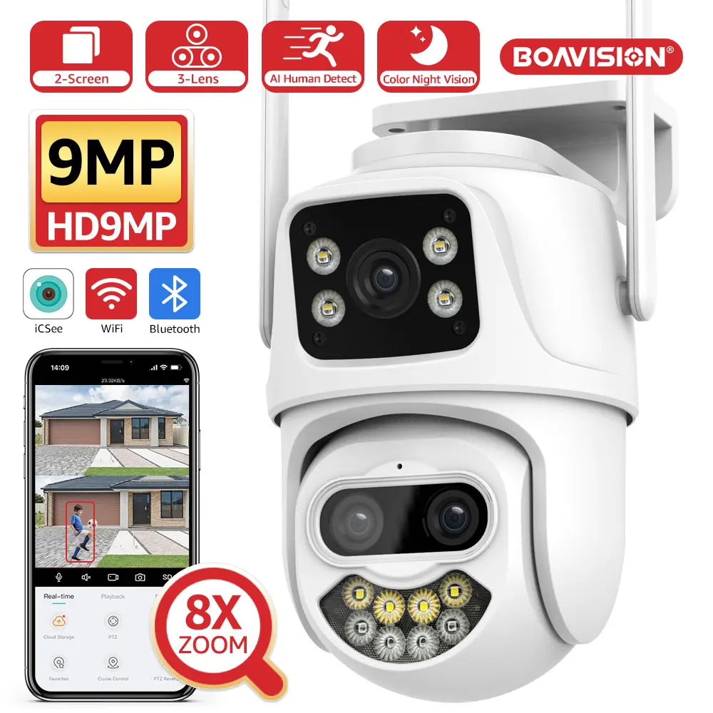 

9MP 6MP Wifi Camera Outdoor PTZ Dual-Lens Dual-Screen Ai Humanoid Detection Auto Tracking Onvif Surveillance Camera iCSee App