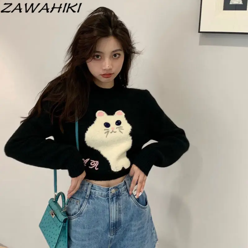 ZAWAHIKI Sueter Mujer Chic Letter Cartoon Cat Spring Fall Loose Knitwear Long Sleeve Fashion Japanese Sweet Chic Sweater Women