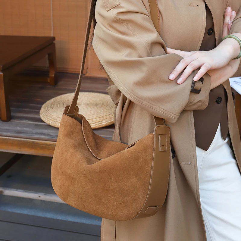 

Women's Suede Cow Leather Shoulder Underarm Bag Female Casual Soft Cowhide Durable Handbags Ladies Fashion Designer Luxury Bags