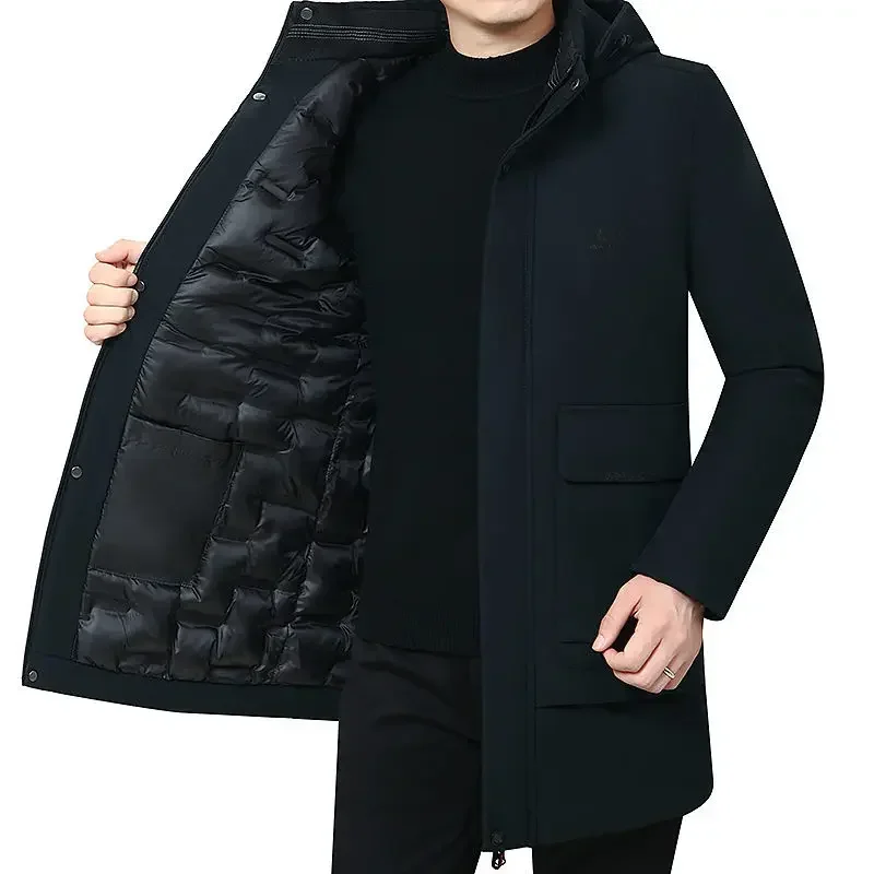 Parka com capuz com zíper masculino, casaco quente, roupa engrossa, roupas monocromáticas, marcas de luxo de alta qualidade, inverno