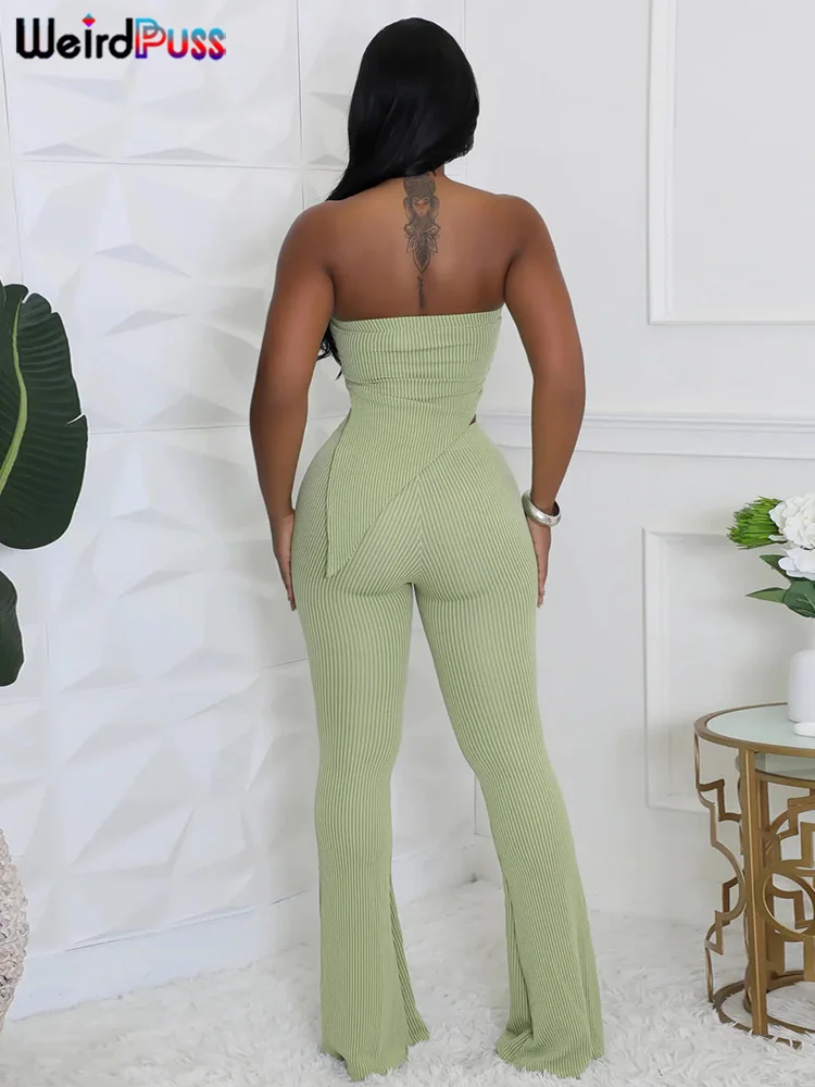 Weird Puss Ribbed Basic Women Tracksuit 2 Piece Set Stretch Irregular Tube Tops+Flare Trousers Skinny Simple Matching Outfits