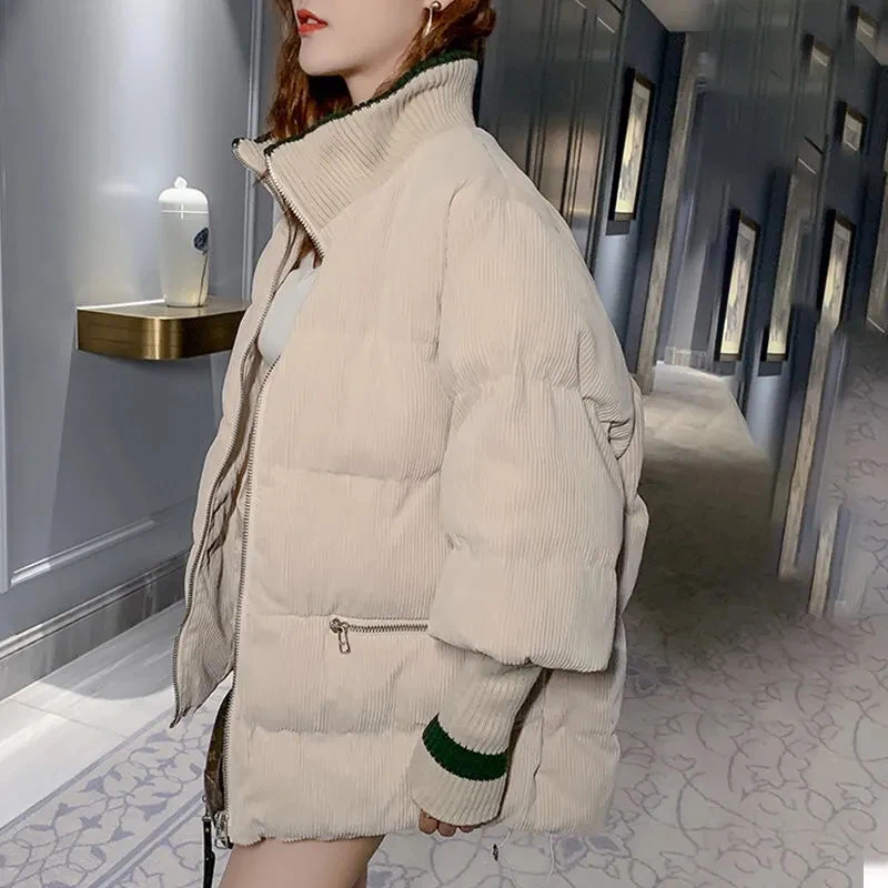 Gidyq piumino imbottito in velluto a coste da donna coreano moda lettera ricamo imbottito cappotti caldi inverno Casual femminile capispalla