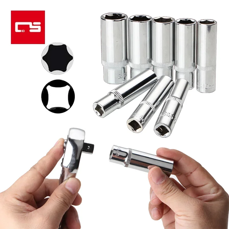 

1/4" Drive Deep Socket Set Crv long socket Hexagonal Extended Socket 6.3Mm Mirror Chrome Vanadium Steel Long Sleeve Repair Tool