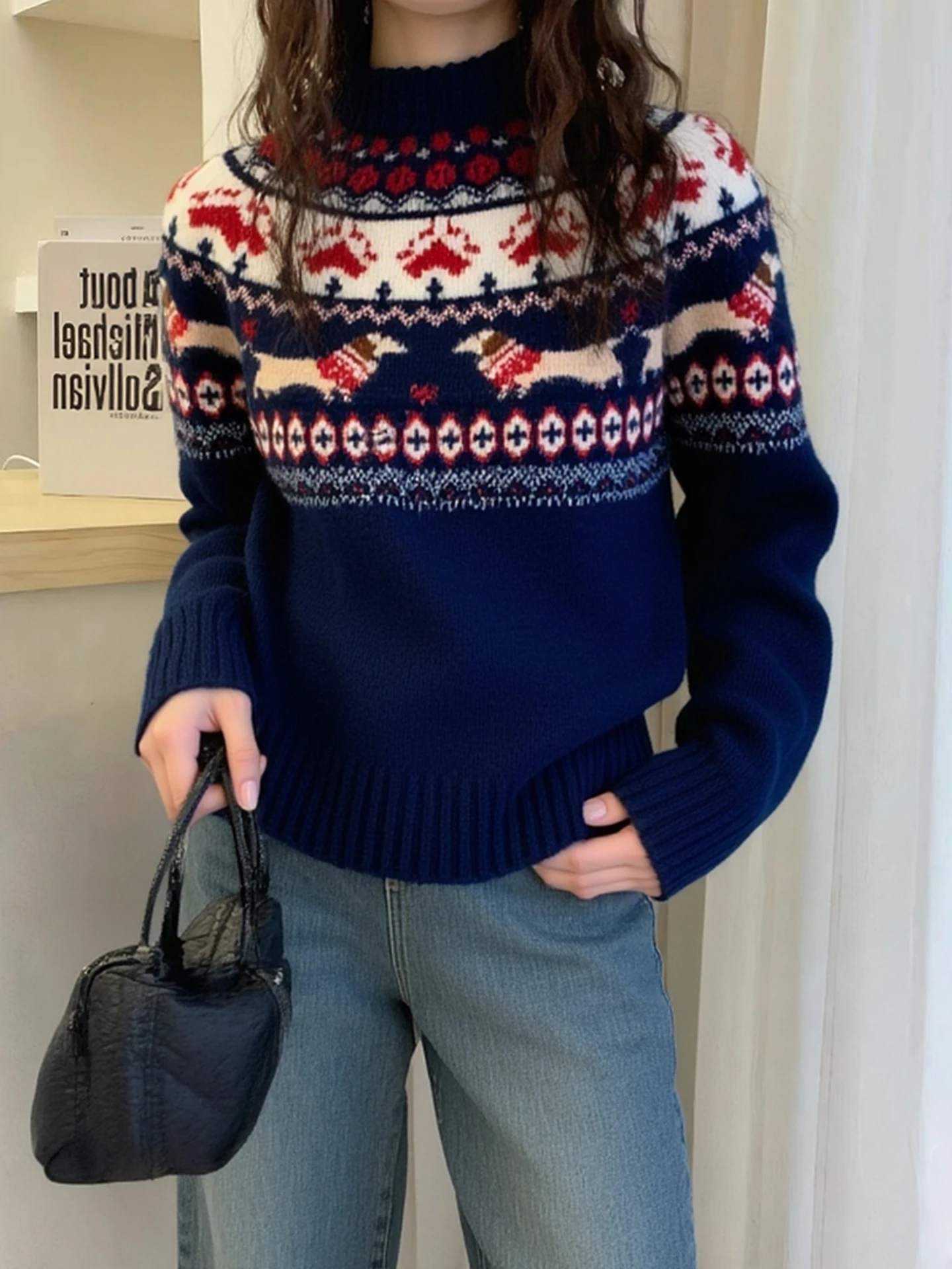 مريحة لينة طويلة Sve Camere تريكو خمر اللون بلو فضفاضة تناسب الكورية Sle الشتاء Faion سترة غير رسمية #2