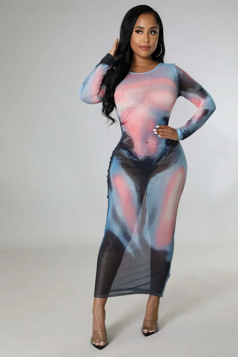 GUWU-Robe longue en maille imprimée en 3D pour femme, transparente, manches longues, midi, maxi, printemps, sexy, batterie, robes de soirée, éducatif, 2024