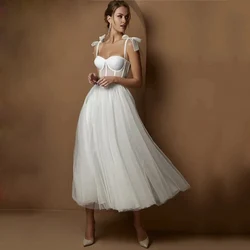 Customized Beautiful White Tulle Prom Dresses A-line Spaghetti Straps Tea Length Formal Evening Party Dress Zipper Up Back RU197