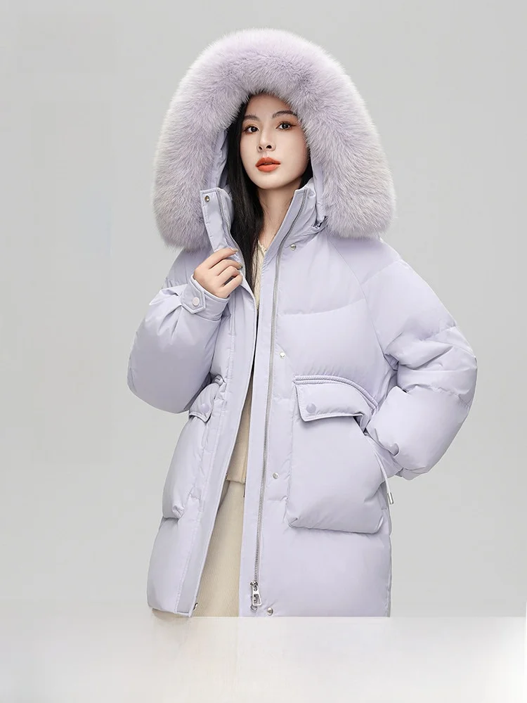 

Теплая короткая женская пуховая куртка со съемным меховым воротником SNOW FLYING, весна 2026, в корейском стиле, свободного кроя, на утином пуху, для повседневной носки