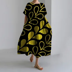 Leaf Pattern Casual Dresses Pocket Summer Loose Party Dresses Bohemian Elegant Temperament Dresses Women Round Neck Long Dresses