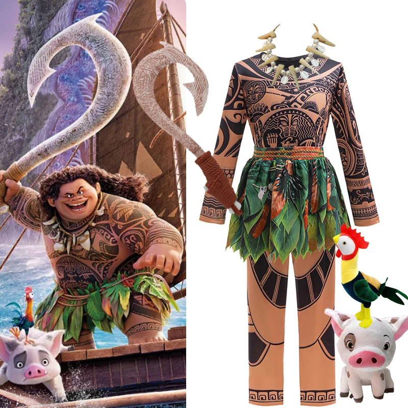 Disney Moana 2 Maui Cosplay Jumpsuits Tattoo Costume Boys Girls Maui Print Leaf Suits Movie Character Halloween Costume 2-10Yrs