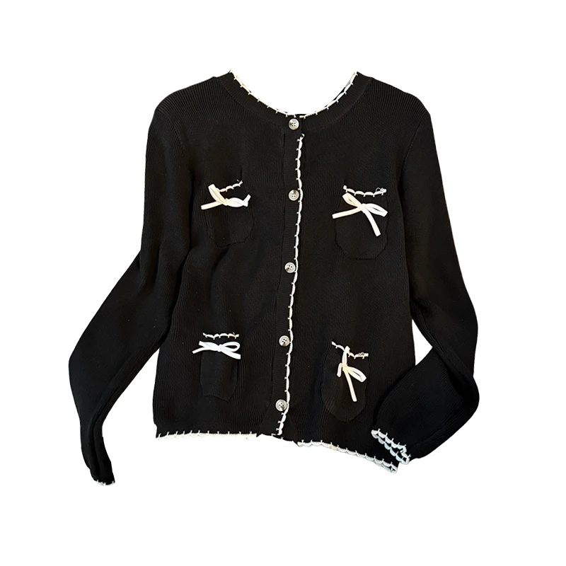 Suéter coreano elegante con lazo suave para mujer, cárdigan con cuello redondo, abrigo informal de manga larga, Tops de punto holgados y dulces para otoño
