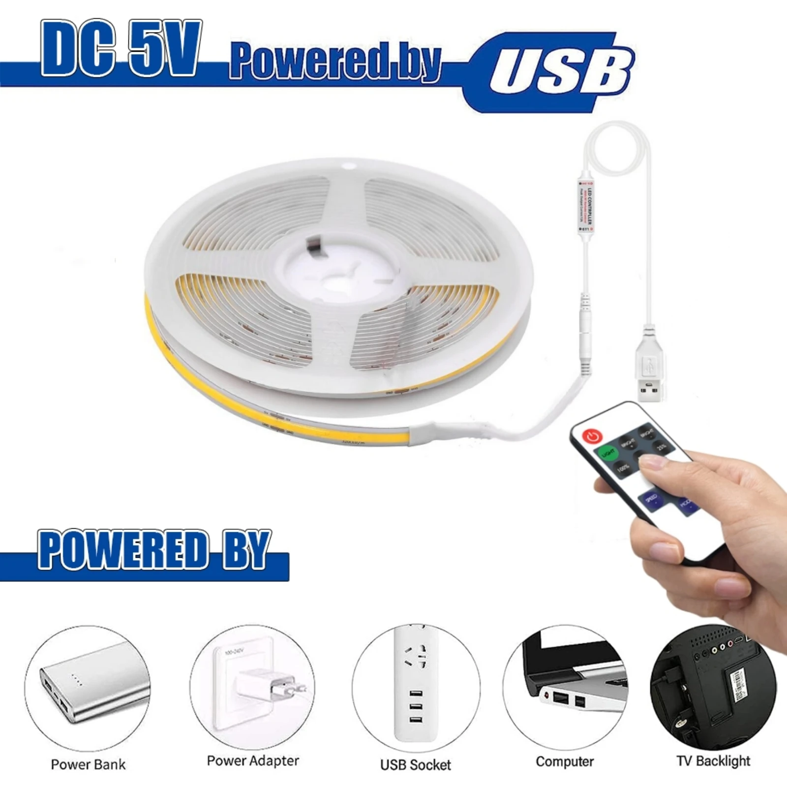 USB COB LED Strip with Dimmable RF Remote 5V 320LEDs Flexible LED Strip Light for Wall / Under Cabinet Decor Linear Lighting