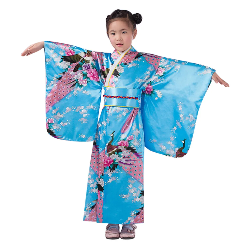 4-10 Year Loose Style Japanese Satin Peacock Print Dress Toddler Kids Baby Girls Outfits Clothes Kimono Robe Traditional Costume