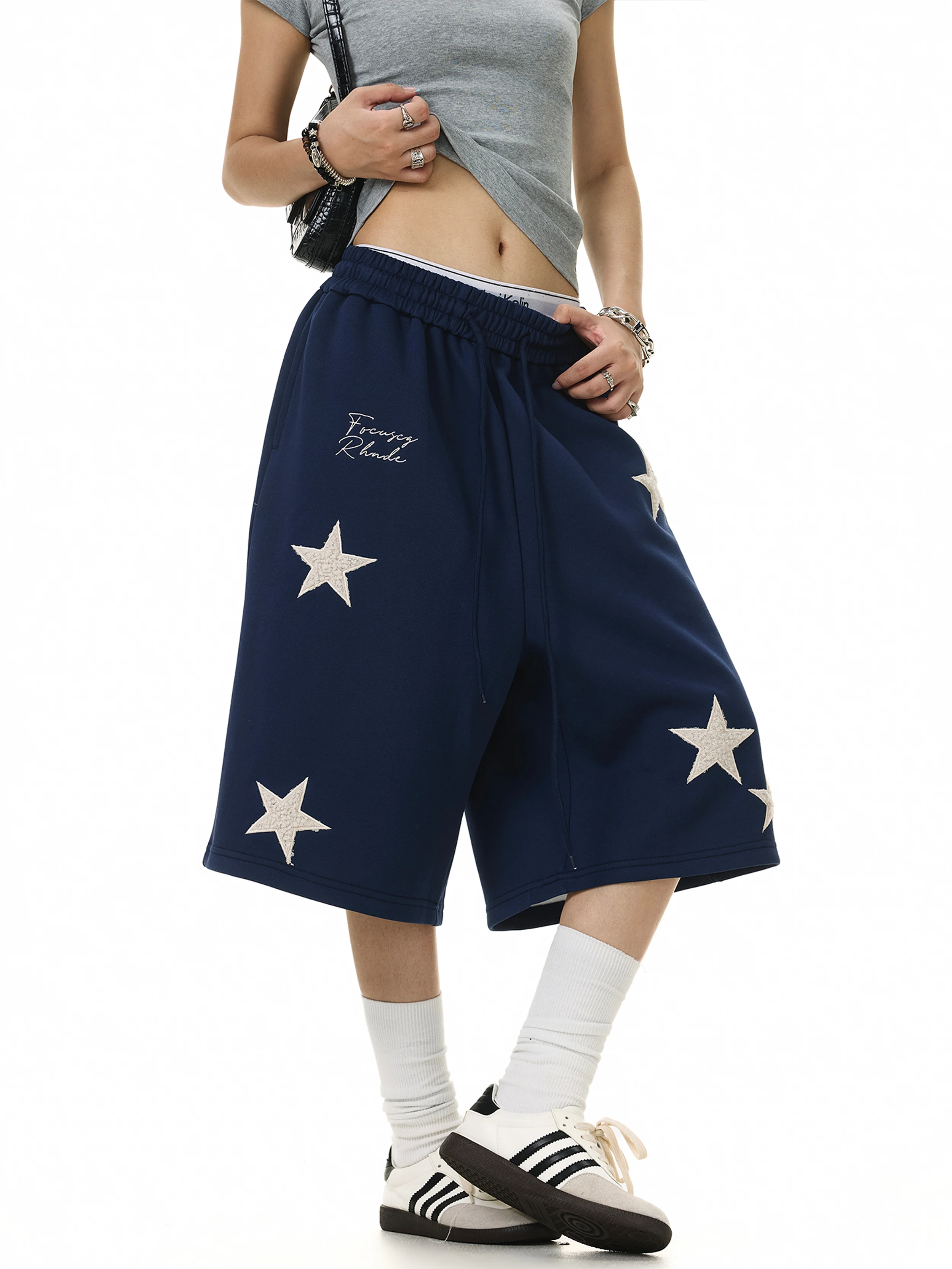 American Retro Star Felt Embroidery Casual Five-Point Loose Wide Leg Design Sense Sport Style Drawstring Shorts