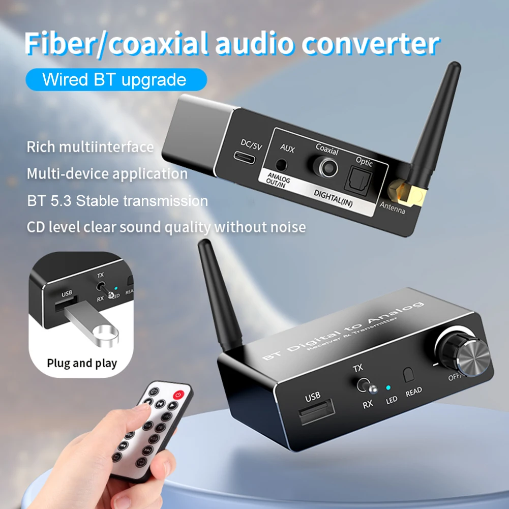 BT 5.3 Digital To Analog Audio Converter Digital SPDIF Optical To Analog L/R RCA Converter Toslink Optical To 3.5mm Jack Adapter