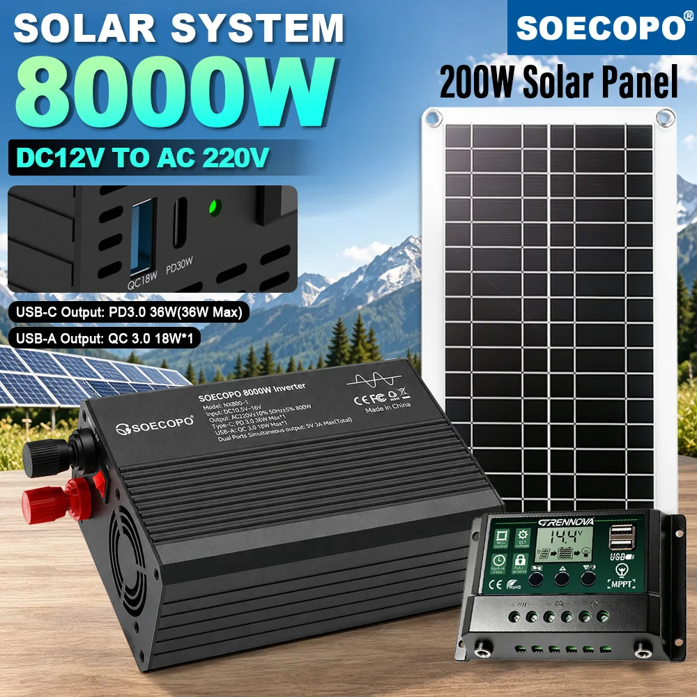 SOECOPO Complete Solar Kit 800W Rated 8000W Peak Inverter DC12V to AC220V MPPT Controller & Panel For Fan Fridge RV Household