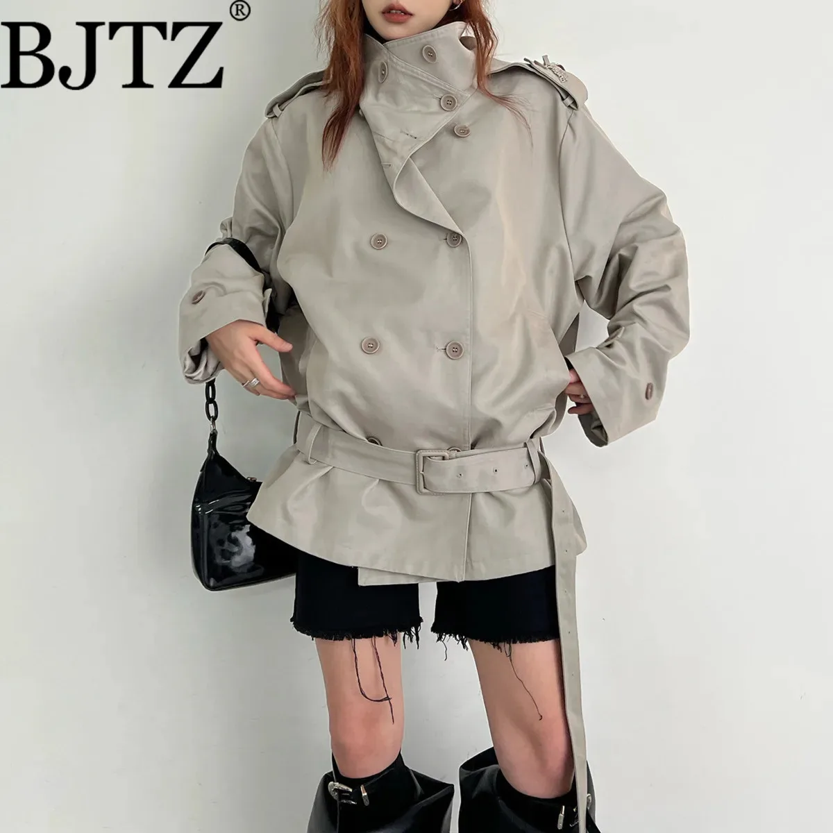 BJTZ Retro Double Breasted Trench Coat Women Short office lady Style Hepburn Belted Waist Oversized Casual Jacket Autumn Winter