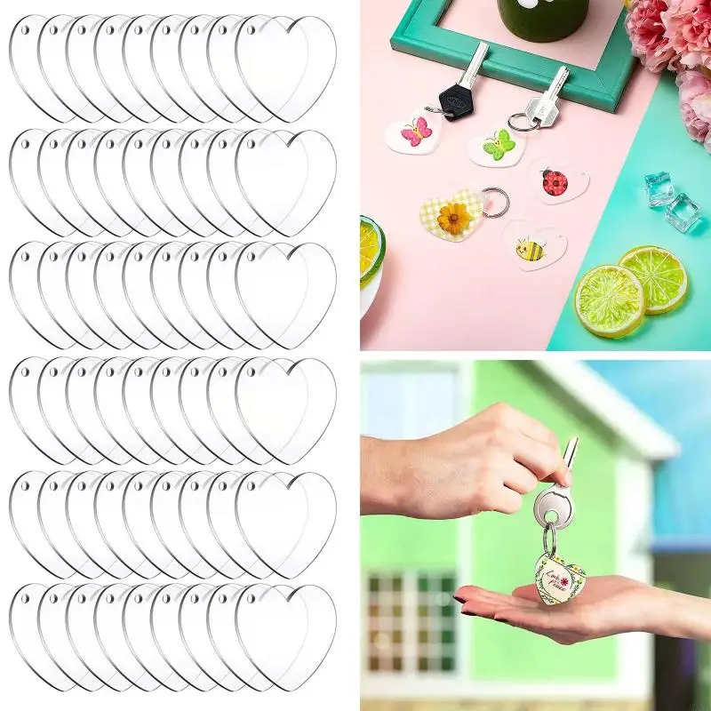 MXMF 30/60x Acrylic Hearts Discs Clear Heart Acrylic Keychain Blanks with Hole