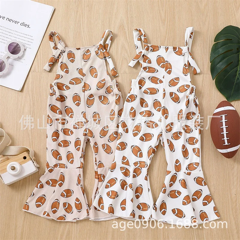 

Summer Children Girls Rugby Printed Suspender Fashionable Flared Pants Kids Backless Jumpsuit