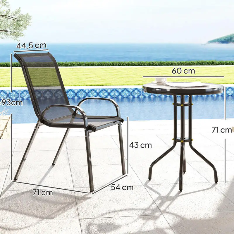 Ensemble de meubles de jardin extérieur 3 pièces : 2 fauteuils empilables et table basse avec plateau en verre trempé noir