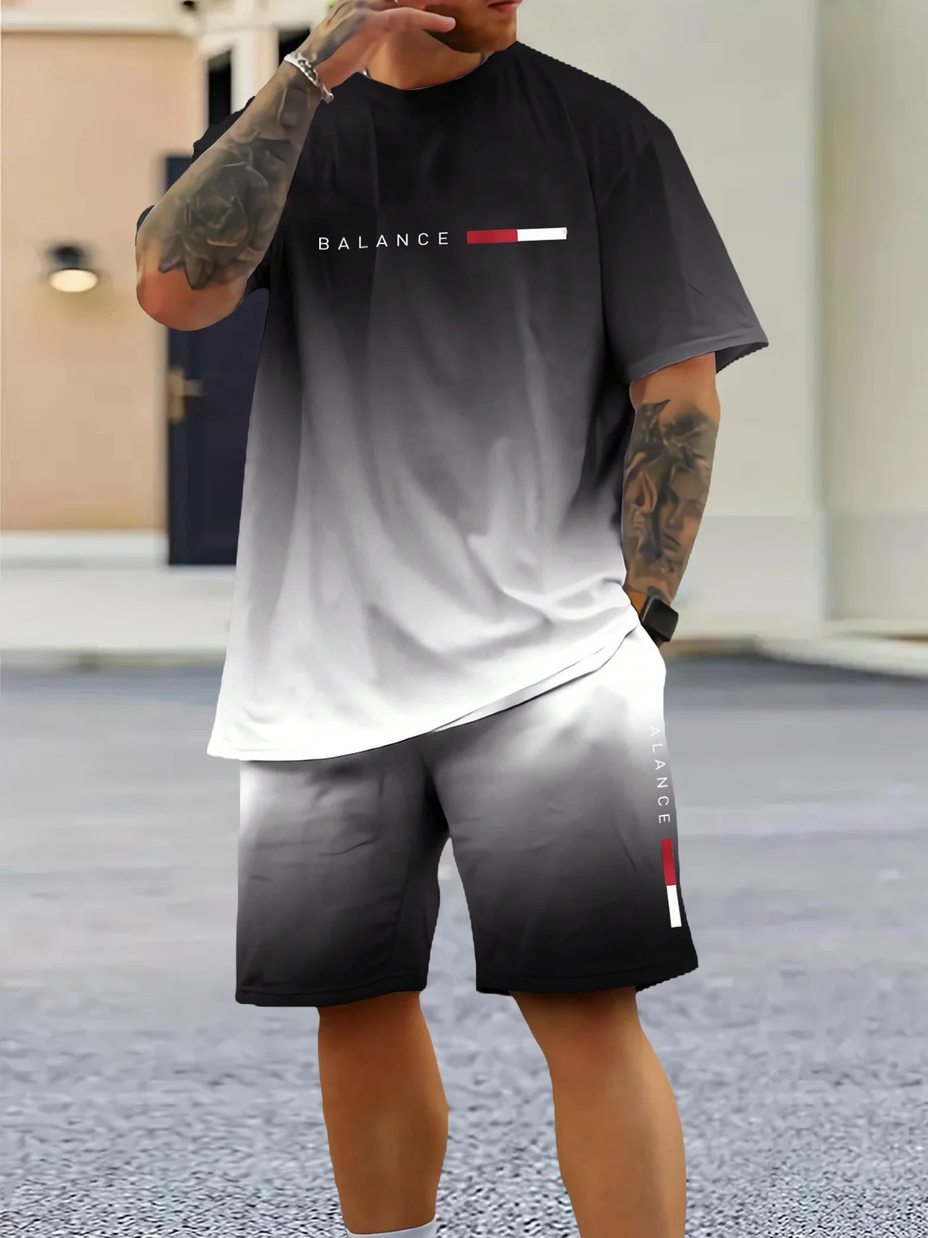 

Men's Trendy Color Block Gradient Set, Red & White Label Crew Neck T-Shirt & Shorts for Streetwear