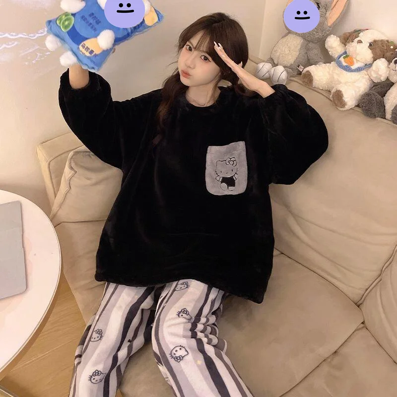 

Женский пижамный комплект Sanrio Hello Kitty, осенне-зимний фланелевый комплект из кораллового флиса, утолщенный плюшевый теплый пижамный костюм для студентов, домашняя одежда