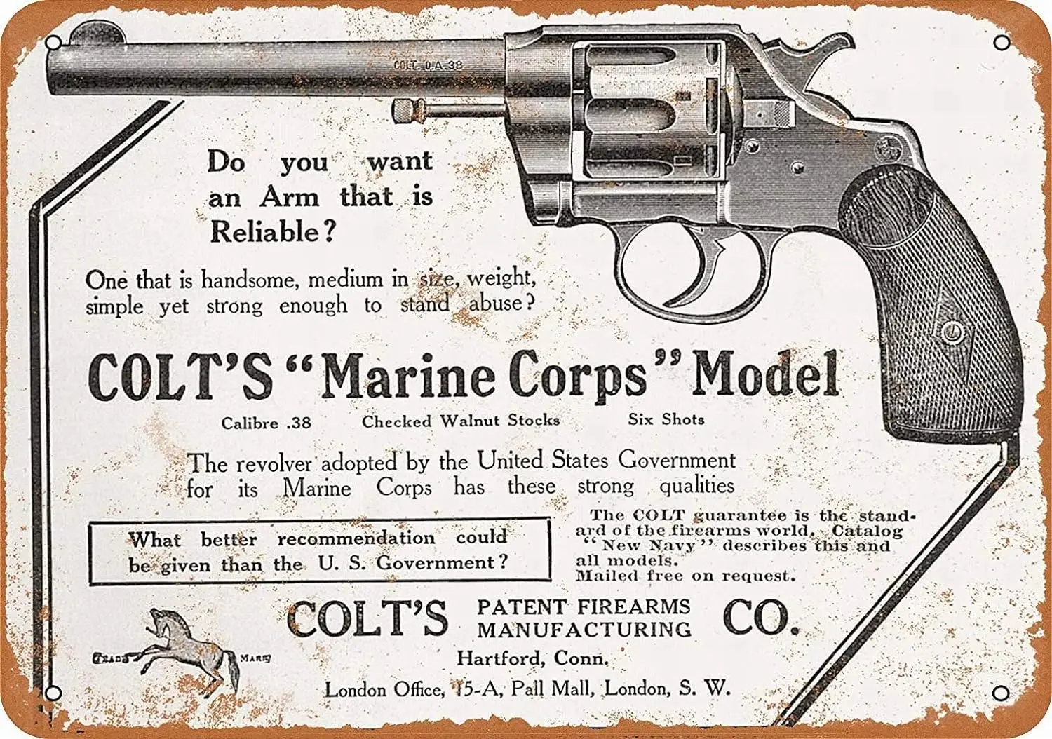 8 x 12 METAL SIGN - Colt Marine Corps Model .38 Revolver - Vintage Wall Decor Art