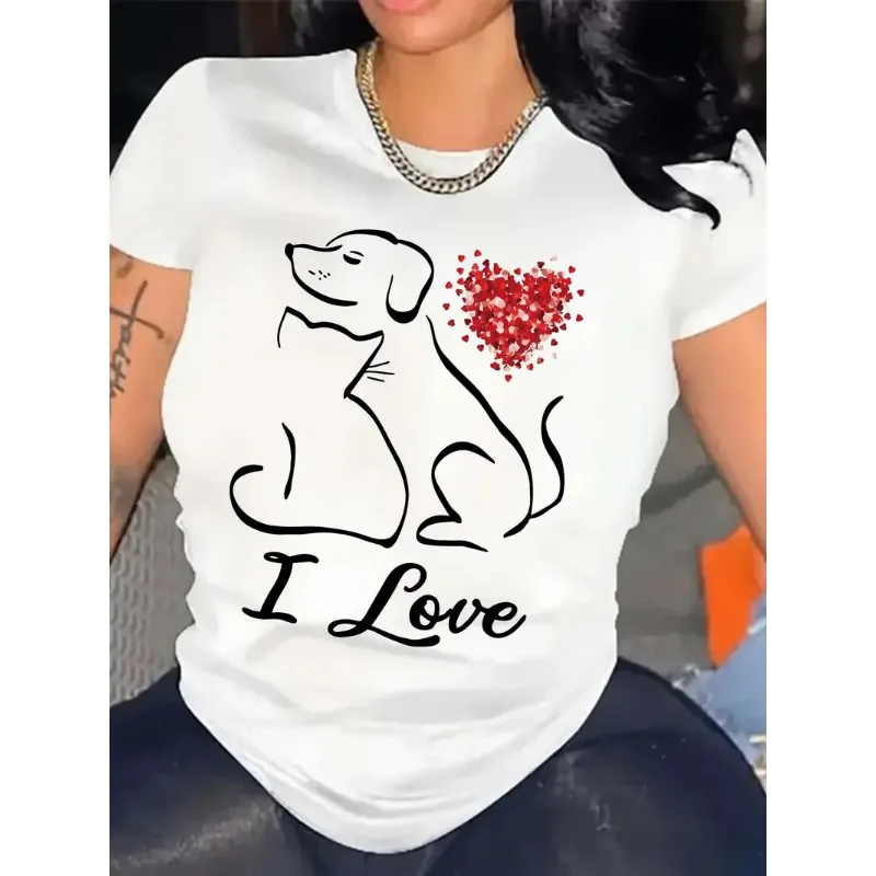 Ladies Short Sleeve T-shirt Hand Drawn Pink Heart Love Graphic Print Women Casual O-neck Summer Streetwear Tees
