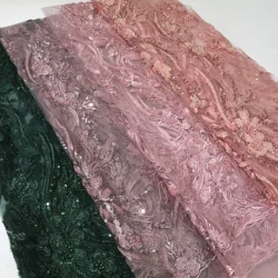 2024 Emerald Green Blush Pink Peach Pink Color Embroidery Beads Sequins Mesh Lace Fabric African Dubai Lace Party Evening Dress