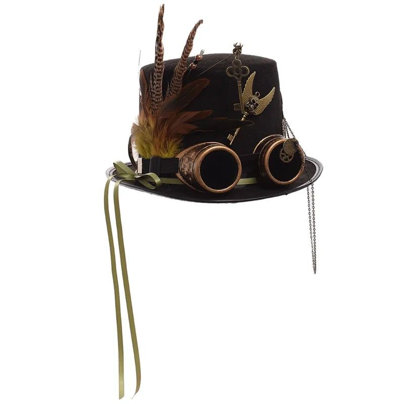 Engrenagens de penas de chapéu steampunk para homens e mulheres, óculos de cabeça, gótico, lolita, fedoras preto, top hats