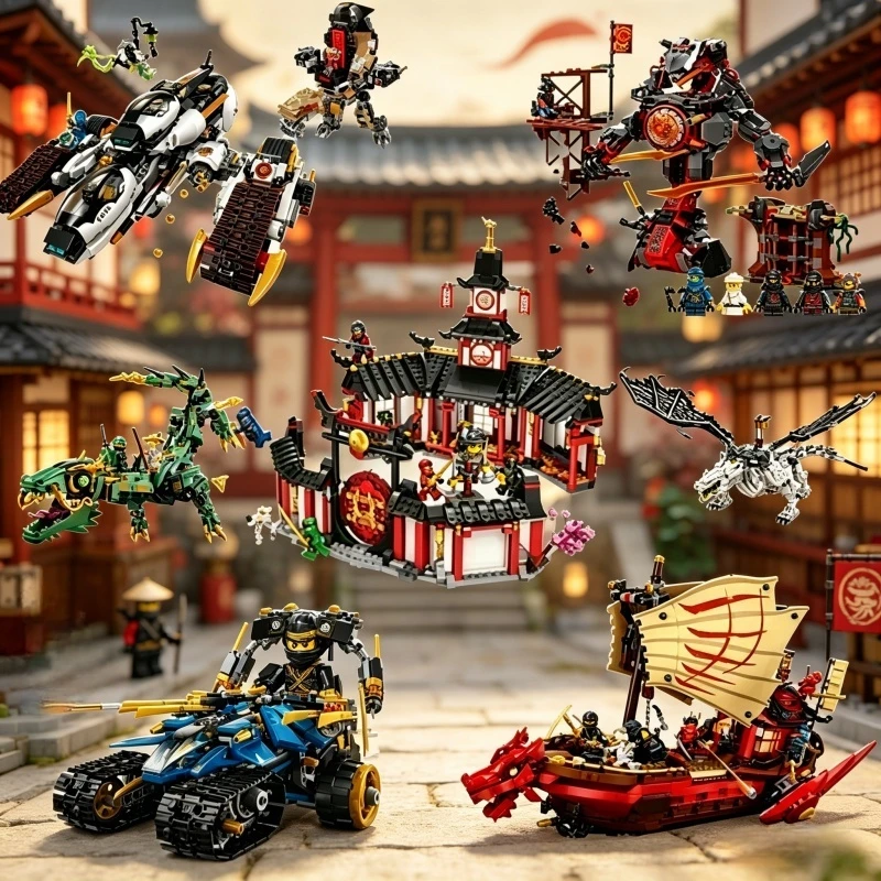 City Movie Monastery Training Hall Ultra Dragon Golden Dragon Building Blocks Bricks with Figures Toys for Birthday Gifts