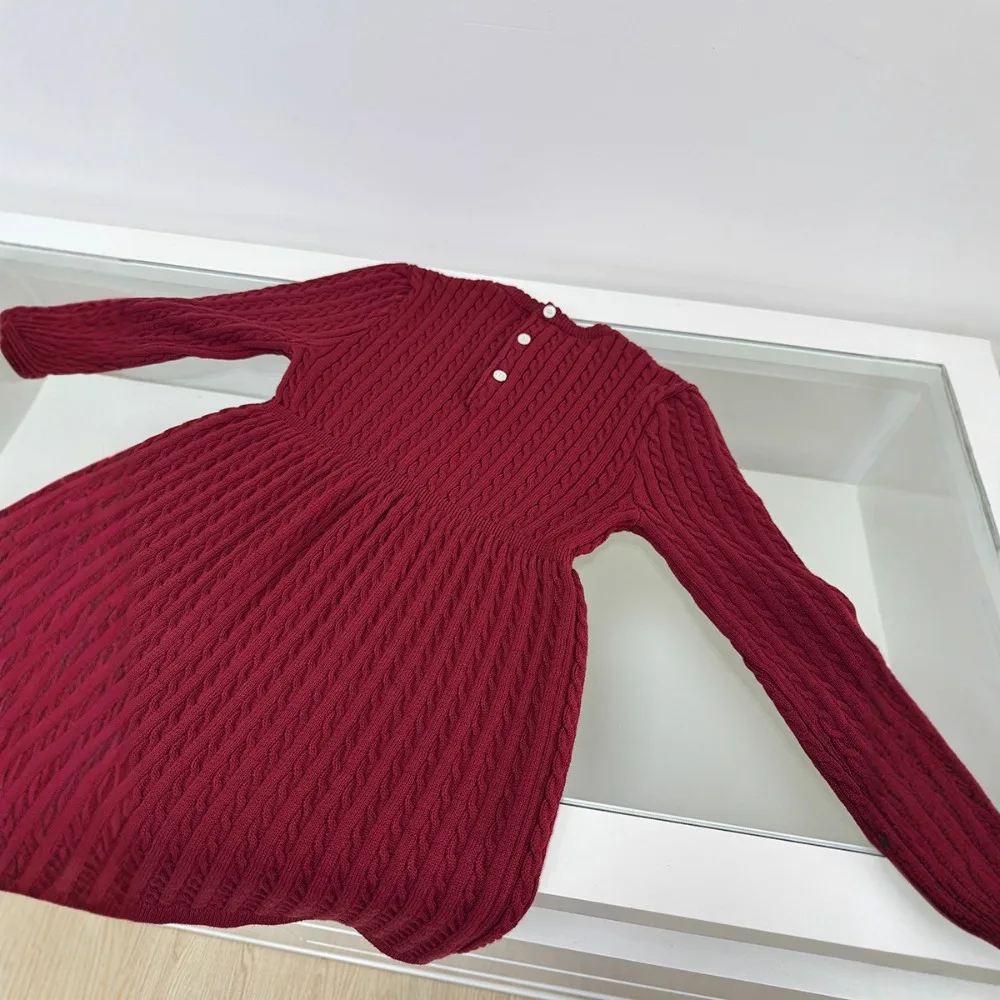 

New Year Red Knitted Dress for Baby Toddler Girl Combed Cotton Twist Knit Skirt Kids Clothing for 80-140cm
