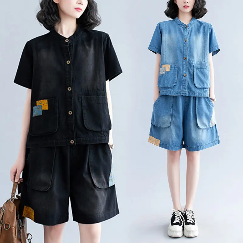 

Denim Shorts Sets Womens Outfits 2023 Summer New Loose Fashion Casual Thin Jeans Shirt Wide Leg Shorts Two Piece Suits Z1254