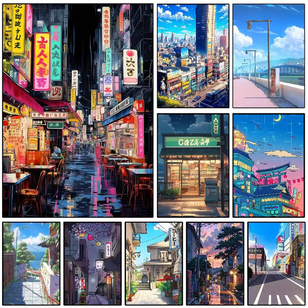 Anime Cartoon Japanese Street Scene Poster  HD sticky wall w