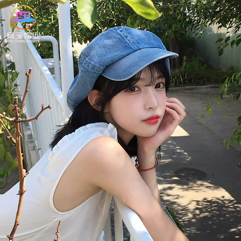

Women's Vintage Denim Beret Hat Octagonal Painter Cap Lightweight Summer Sun Hat Breathable UV Protection Casual Chic