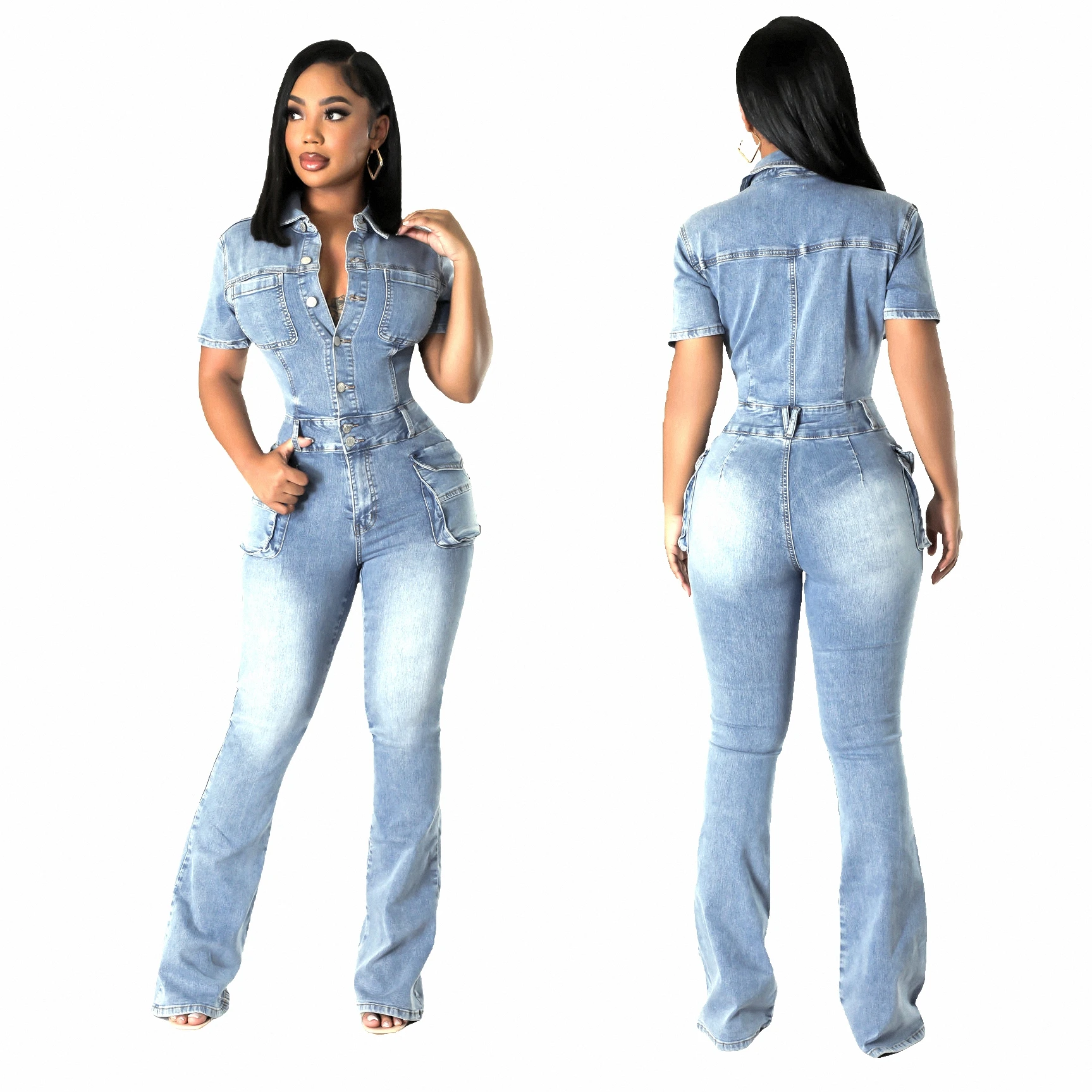 Women's Slim-fit Elastic Washed Denim Jumpsuit with Flared Pants Short Sleeves