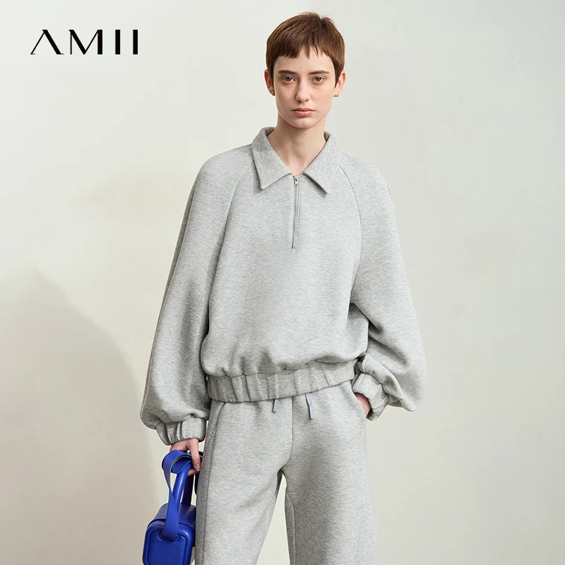 

Женские толстовки Amii в стиле минимализм, осень 2022, новые повседневные свободные пуловеры на молнии с лацканами для женщин, хлопковый однотонный топ12443154