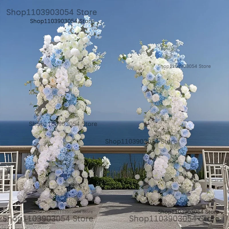 Weiß-Blaue Rosen-Orchideen-Blumenreihe Dekoration Hochzeits-Hintergrund Hornbogen Party Bühnenboden Blumenarrangement Bankett Fotozubehör – Detail 3
