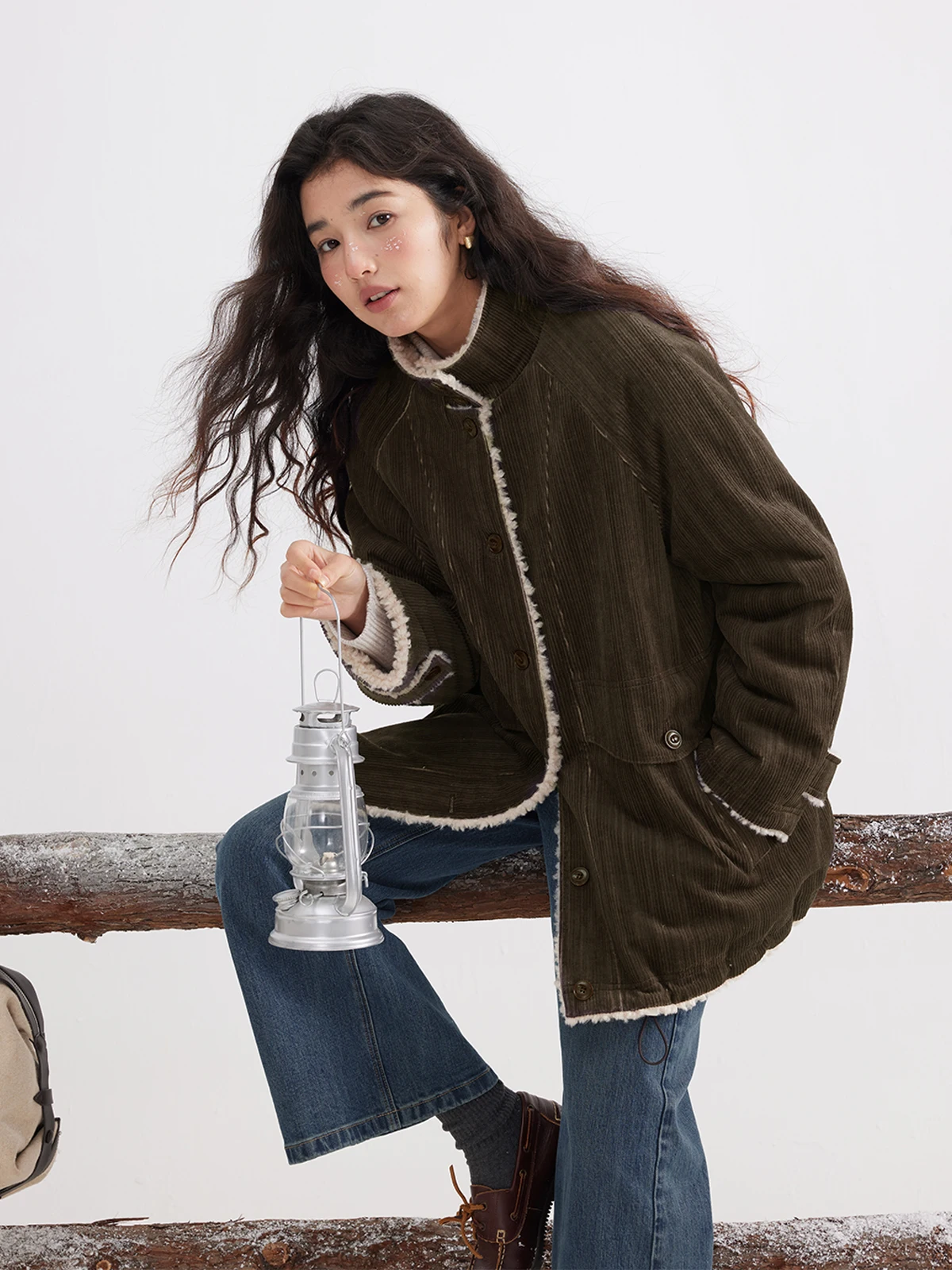 

Solighter Retro Lapel Fleece Lined Corduroy Jacket Women Winter New Loose Cotton Coat Thickened Long Sleeve Single Button