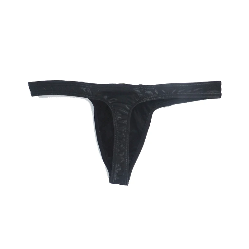 CLEVER-MENMODE Men Underwear Faux Leather Briefs G-string Thong Sexy Erotic Lingerie T-back Penis Pouch Bikini Metal Ring Homme