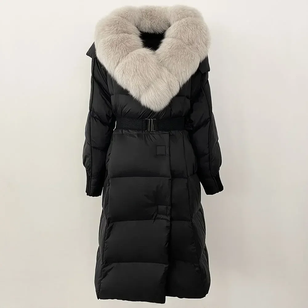 White Goose Down Coat Belt Thick Warm Casual Outerwear 2024 Winter Real Raccoon Fox Fur Collar Long Natural Jacket Women