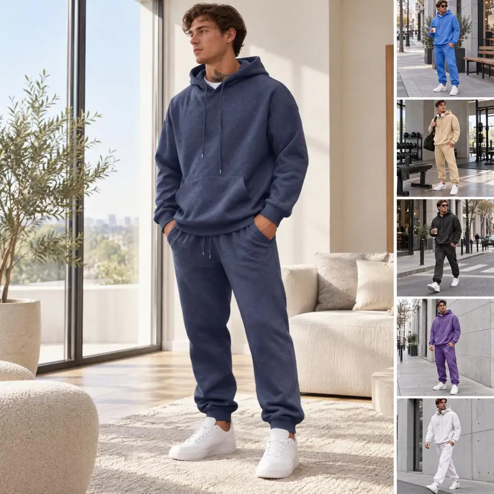 Men 2 Piece Sweatsuit Set, Solid Color Hoodie Sweatpants Set, Long Sleeve Tops Casual Sport Pants Set, Athletic Tracksuit