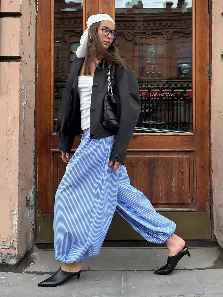 

New Women's Cotton Thin Striped Baggy Lantern Pants Fashion Elastic Waist Casual Streetwear Trousers