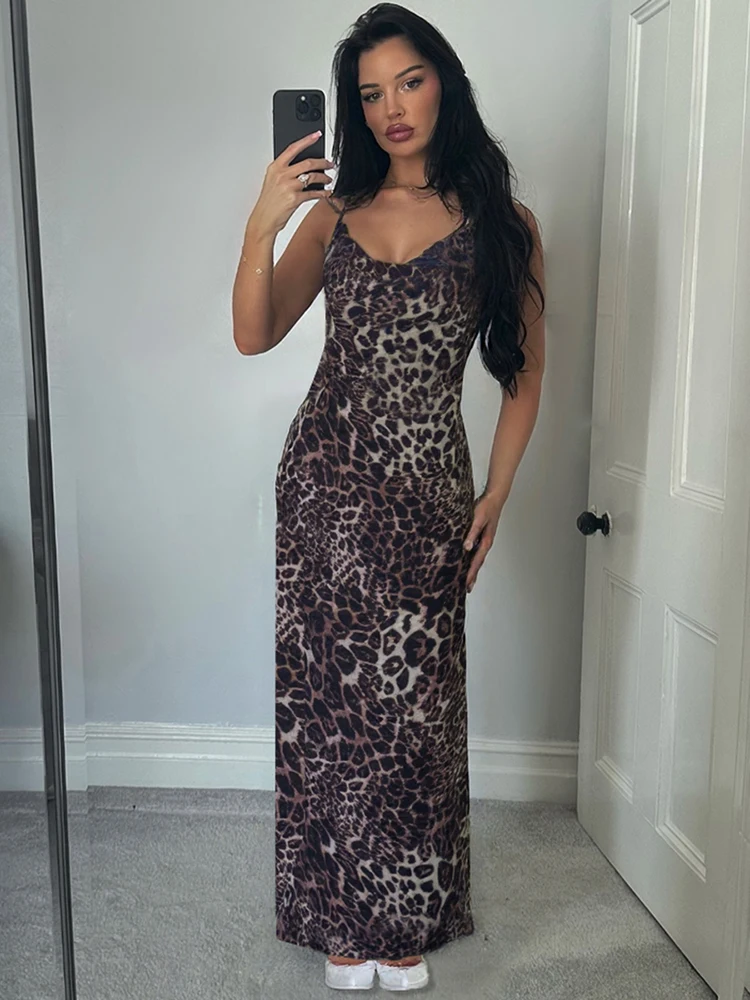 Insglas Swing Collar Dress Woman Leopard Print Spaghetti Straps Backless Ruffles 2025 Trend Midnight Club Party Classic Vestidos