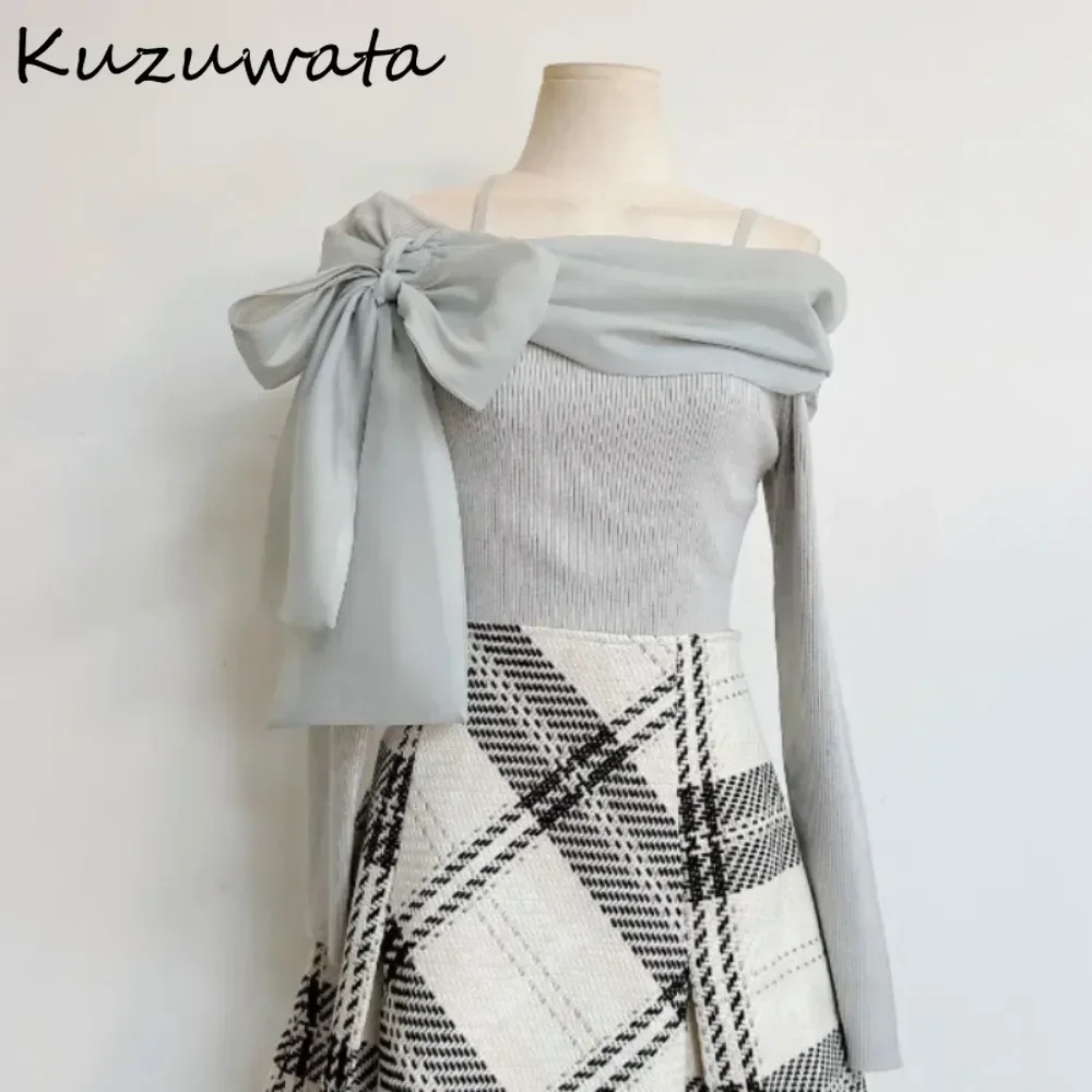 Kuzuwata Sweet Long Sleeve Slash Neck Off Shoulder Sweaters Bow Knit All-match Slim Jumper Japan New 2024 Gentle Exquisite Tops