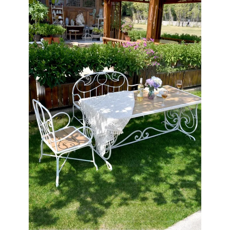 French retro table and chair combination set, European style garden bench terrace, outdoor leisure courtyard