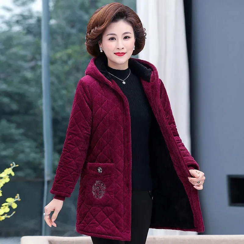 Women Jacket Winter Fleece Thick Corduroy Outerwear Parker Female Hooded Cotton Padded Coat Mother Clothes Women Basic Coats 5XL