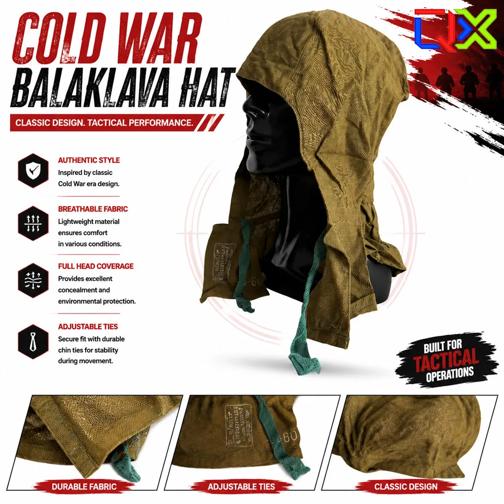 QX Vintage Soviet Style Balaclava Hat 1988 Military Face Mask Outdoor Tactical Winter Hood Headwear Cosplay Accessory
