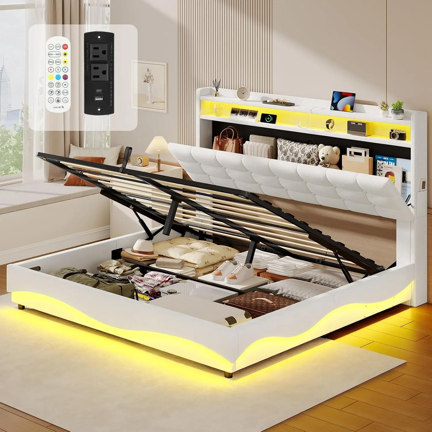 Lift Lift Up Bed Frame Full Size with Storage Headboard, Creamy White - Aliexpress Deal
