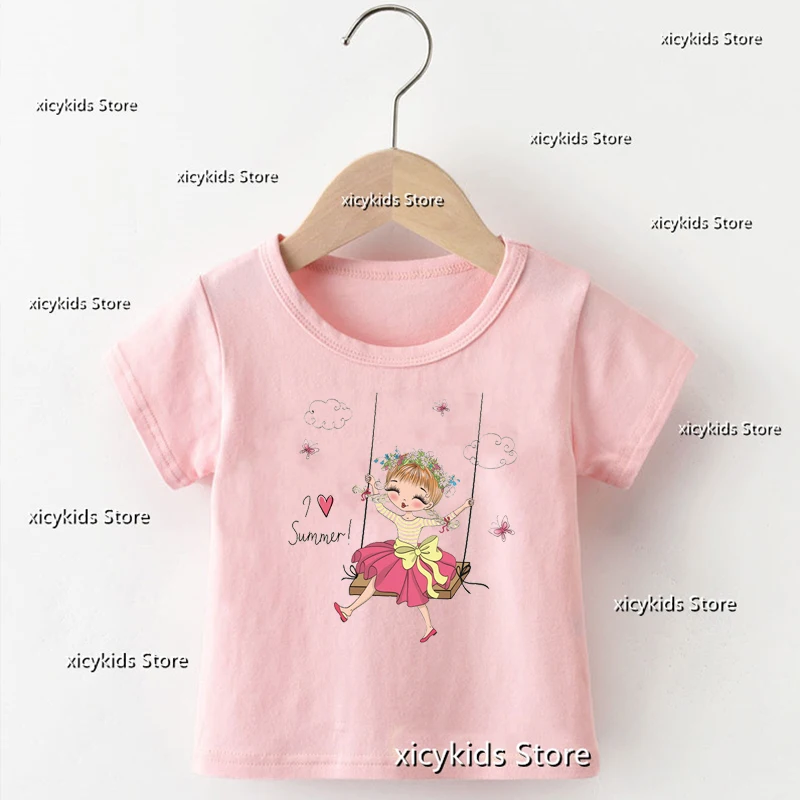 New girls t-shirts Cute Little Princess Graphic Print Girls Pink Short Sleeve Top Fashion kids tshirts Birthday Gift baby Tops